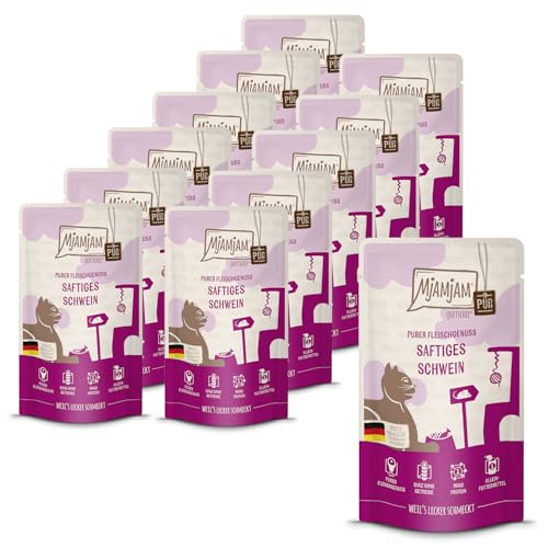 MjAMjAM - Premium Nassfutter für Katzen - Quetschie - saftiges Schwein PUR, 12er Pack (12 x 125g), getreidefrei mit extra viel Fleisch von MjAMjAM