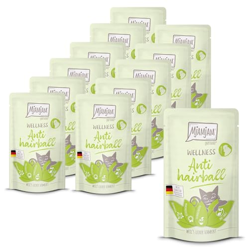 MjAMjAM - Premium Nassfutter für Katzen - Wellness - Anti Hairball - Huhn, 12er Pack (12 x 125g), getreidefrei von MjAMjAM