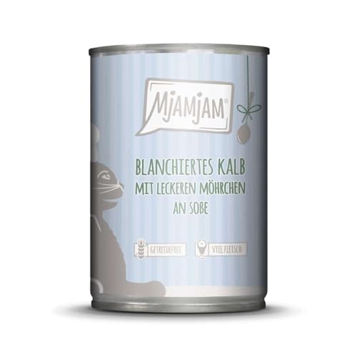 MjAMjAM - Premium Nassfutter für Katzen – blanchiertes Kalb mit leckeren Möhrchen an Soße, 6er Pack (6 x 380 g), getreidefrei mit extra viel Fleisch von MjAMjAM