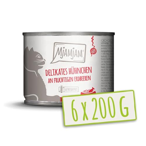 MjAMjAM – Premium Nassfutter für Katzen - delikates Hühnchen an fruchtigen Erdbeeren 200g, 6er Pack (6 x 200g), naturbelassen mit extra viel Fleisch von MjAMjAM