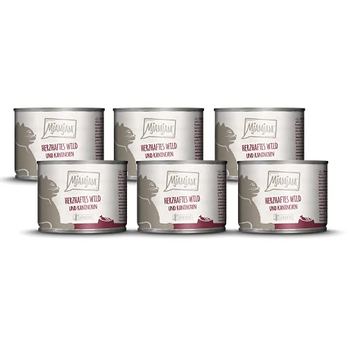 MjAMjAM - Premium Nassfutter für Katzen - herzhaftes Wild & Kaninchen an fruchtigen Heidelbeeren, 6er Pack (6 x 200 g), getreidefrei mit extra viel Fleisch von MjAMjAM