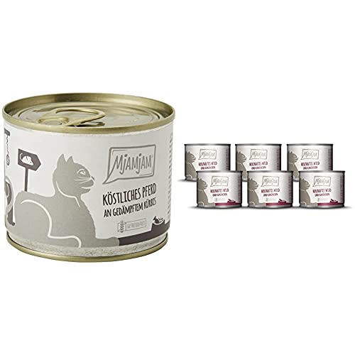 MjAMjAM - Premium Nassfutter für Katzen - köstliches Pferd an gedämpftem Kürbis (6 x 200 g) & Premium Nassfutter für Katzen - herzhaftes Wild & Kaninchen an fruchtigen Heidelbeeren (6 x 200 g) von MjAMjAM