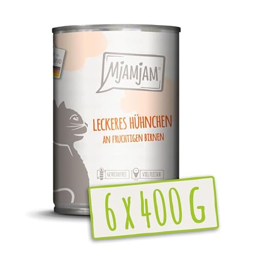 MjAMjAM – Premium Nassfutter für Katzen - leckeres Hühnchen an fruchtigen Birnen 400g, 6er Pack (6 x 400g), naturbelassen mit extra viel Fleisch von MjAMjAM