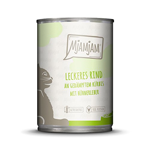 MjAMjAM - Premium Nassfutter für Katzen - leckeres Rind an gedämpftem Kürbis, 1er Pack (1 x 400 g), getreidefrei mit extra viel Fleisch von MjAMjAM