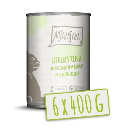 MjAMjAM - Premium Nassfutter für Katzen - leckeres Rind an gedämpftem Kürbis, 6er Pack (6 x 400 g), getreidefrei mit extra viel Fleisch von MjAMjAM