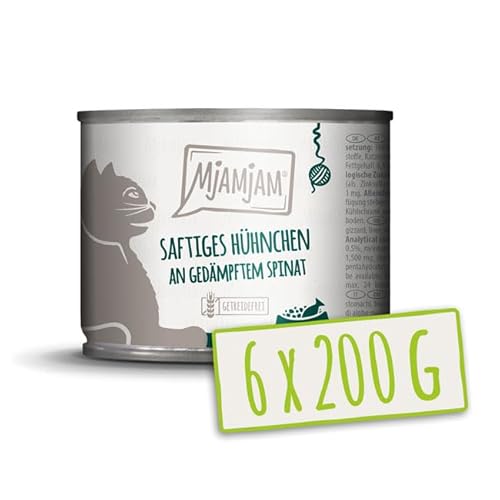 MjAMjAM – Premium Nassfutter für Katzen - saftiges Hühnchen an gedämpftem Spinat 200g, 6er Pack (6 x 200g), naturbelassen mit extra viel Fleisch von MjAMjAM