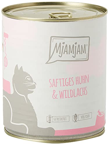 MjAMjAM - Premium Nassfutter für Katzen - saftiges Huhn und Wildlachs, 6er Pack (6 x 800 g), getreidefrei mit extra viel Fleisch von MjAMjAM