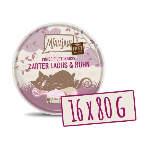 MjAMjAM - Premium Nassfutter für Katzen - zartes Filet vom Lachs & Hühnchen 80g, 16er Pack (16 x 80 g), naturbelassen mit extra viel Fleisch von MjAMjAM