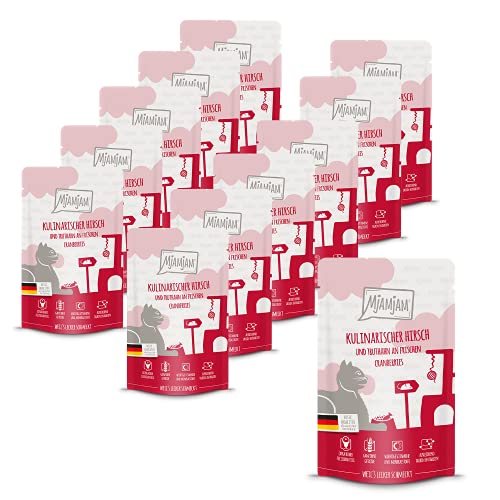 MjAMjAM - Premium Nassfutter für Katzen - Quetschie - kulinarischer Hirsch und Truthahn an frischen Cranberries, 12er Pack (12 x 125 g), getreidefrei mit extra viel Fleisch von MjAMjAM