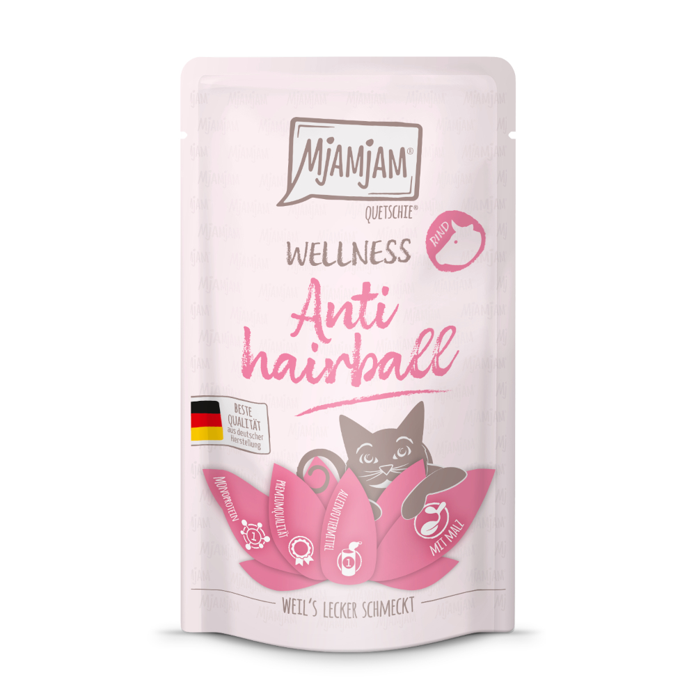 MjAMjAM Wellness 12 x 125 g - Anti Hairball - Rind von MjAMjAM