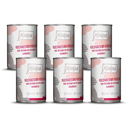 MjAMjAM - Premium Nassfutter für Katzen - kulinarischer Hirsch und Truthahn an frischen Cranberries, 6er Pack (6 x 400 g), getreidefrei mit extra viel Fleisch von MjAMjAM