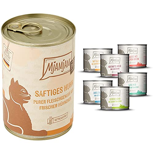 MjAMjAM purer Fleischgenuss - saftiges Hühnchen pur (6 x 400g) & Premium Nassfutter für Katzen - Mixpaket 3 - Wild & Kaninchen, Pute, Ente & Geflügel, Herzen, Huhn, Rind (6 x 200 g) von MjAMjAM