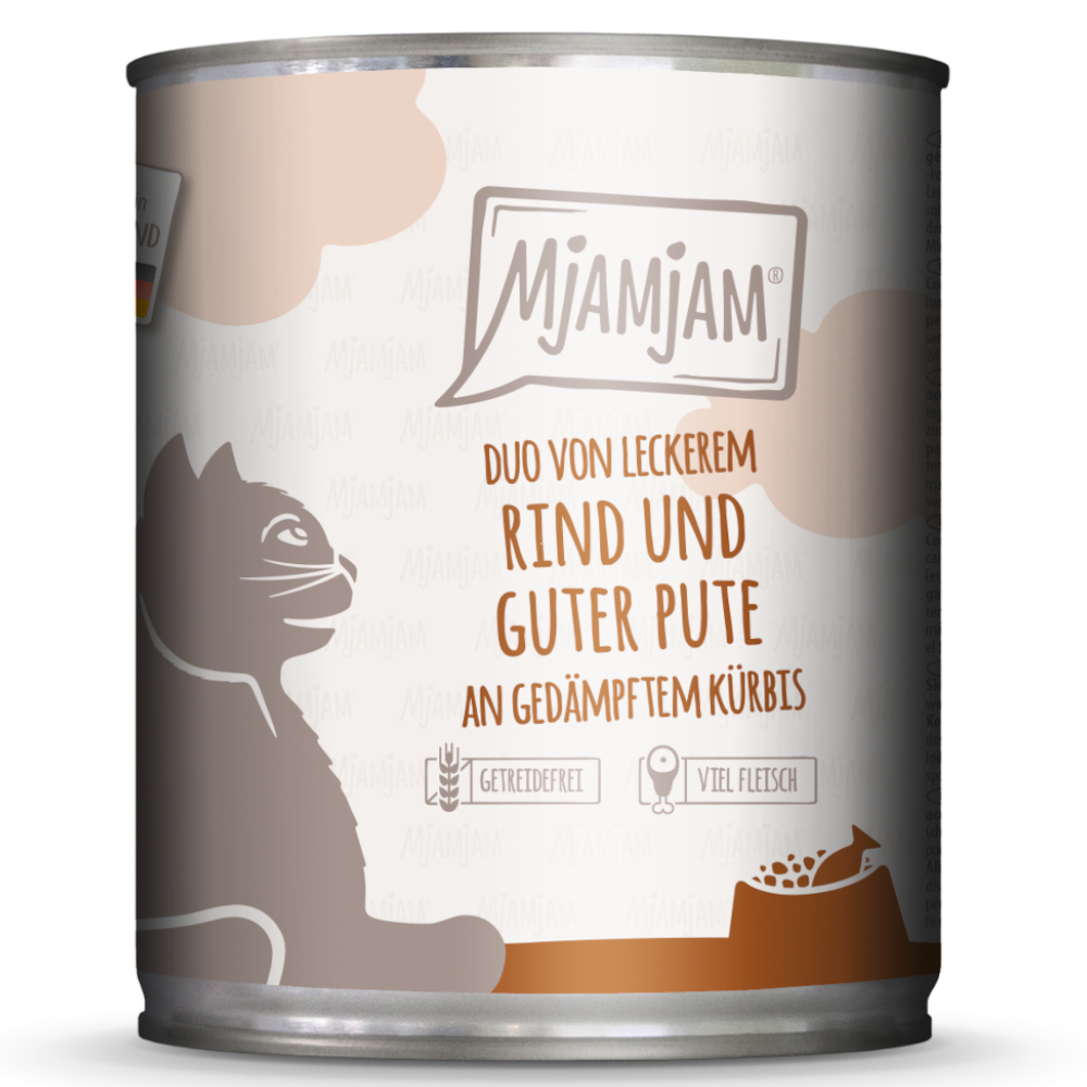 Sparpaket MjAMjAM Duo 12 x 800 g - leckeres Rind & gute Pute an gedämpftem Kürbis von MjAMjAM