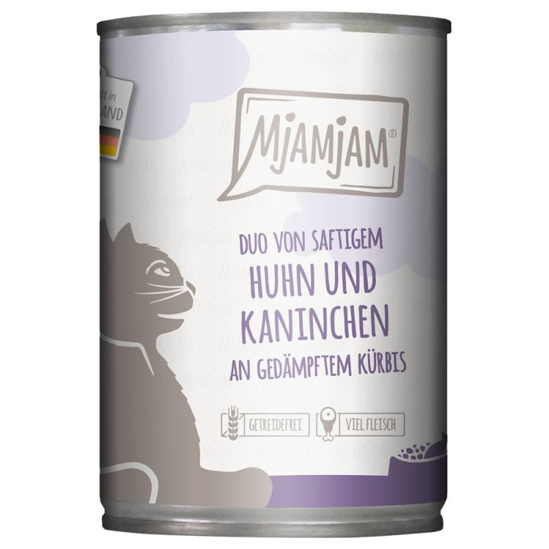 Sparpaket MjAMjAM Duo 24 x 400 g - saftiges Huhn & Kaninchen an gedämpftem Kürbis von MjAMjAM