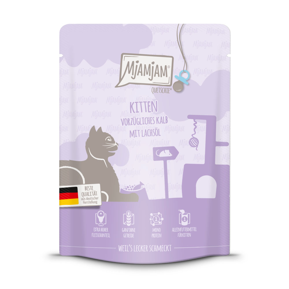 Sparpaket MjAMjAM Quetschie 24 x 300 g - Kitten Kalb mit Lachsöl von MjAMjAM