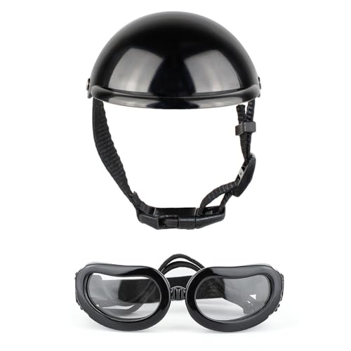 Hundehelm mit Ohrloch, Haustierhelm und Brille, Set mit verstellbarem Riemen, Hundesonnenbrille, Welpenkopfabdeckung für Fahrrad, Hundeausrüstung von Mjaie