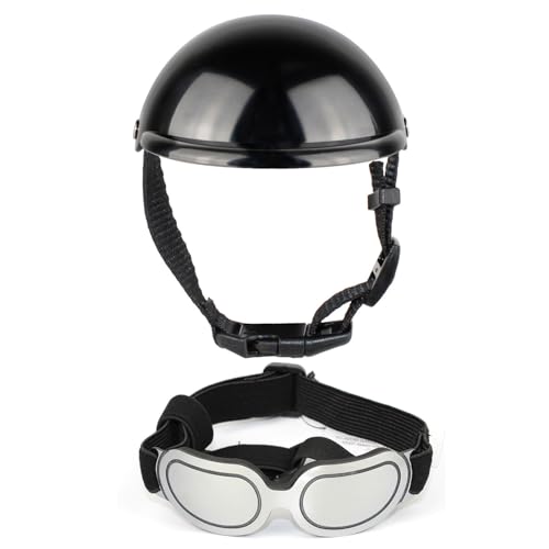 Hundehelm mit Ohrloch, Haustierhelm und Brille, Set mit verstellbarem Riemen, Hundesonnenbrille, Welpenkopfabdeckung für Fahrrad, Hundeausrüstung von Mjaie