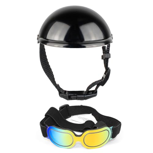 Hundehelm mit Ohrloch, Haustierhelm und Brille, Set mit verstellbarem Riemen, Hundesonnenbrille, Welpenkopfabdeckung für Fahrrad, Hundeausrüstung von Mjaie