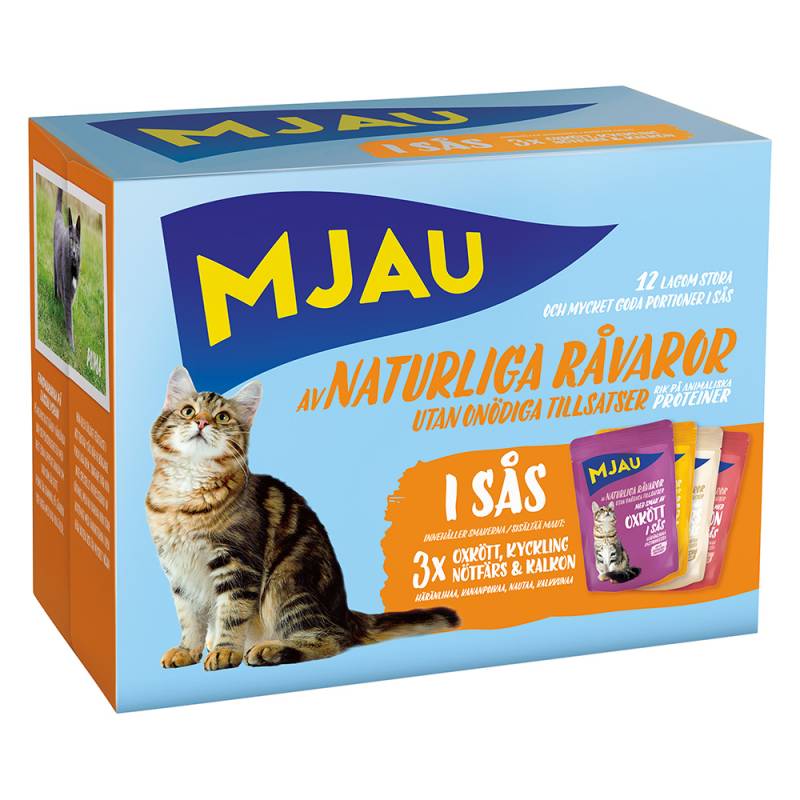 12 x 85 g / 48 x 85 g Mjau Cat Pouchs zum Sonderpreis! - 12 x 85 g Mixpaket Fleisch Menü in Soße (4 Sorten) von Mjau