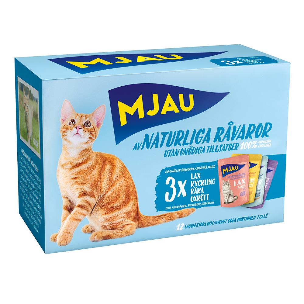 12 x 85 g Mjau Cat Pouchs zum Sonderpreis! - Mixpaket Fisch & Fleisch Menü in Gelee (4 Sorten) von Mjau