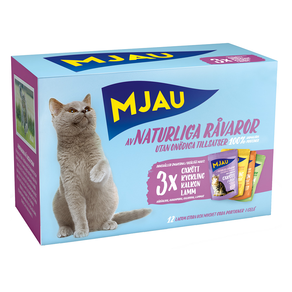 12 x 85 g Mjau Cat Pouchs zum Sonderpreis! - Mixpaket Fleisch Menü in Gelee (4 Sorten) von Mjau