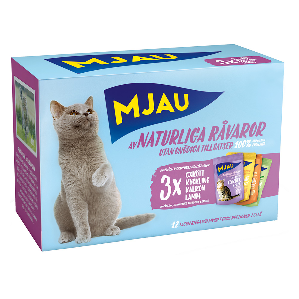 Mjau Cat Pouch 12 x 85 g - Mixpaket Fleisch Menü in Gelee (4 Sorten) von Mjau