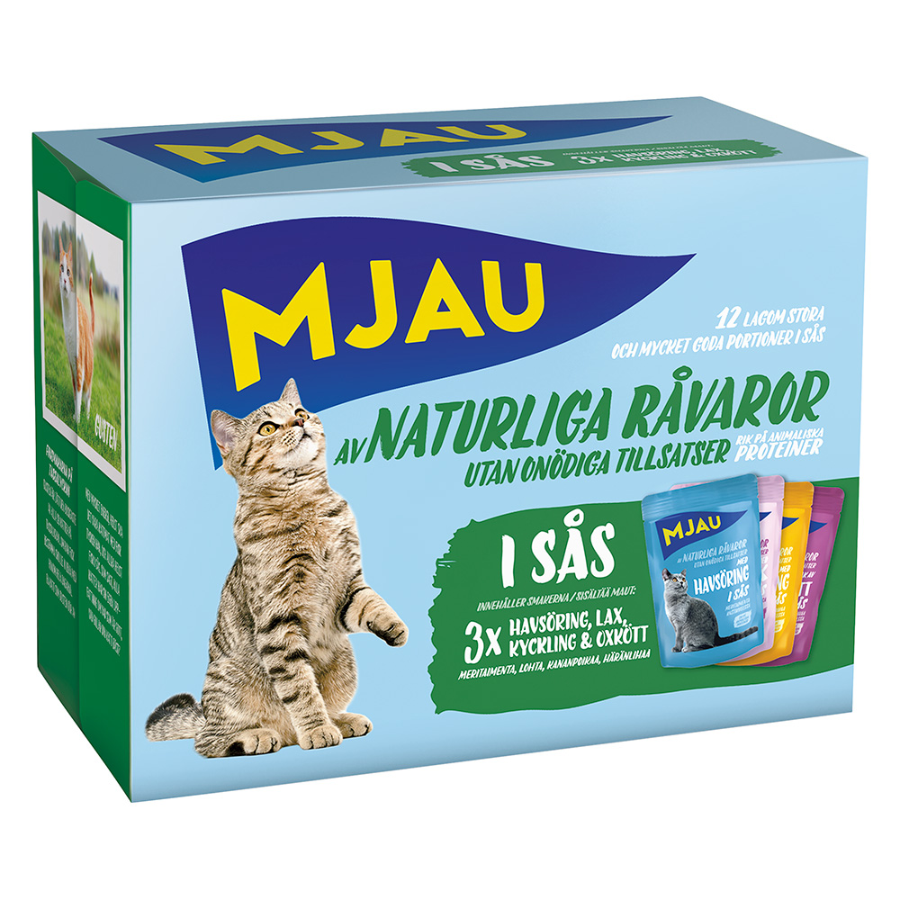 Mjau Cat Pouch 12 x 85 g - Mixpaket Fleisch & Fisch Menü in Soße (4 Sorten) von Mjau