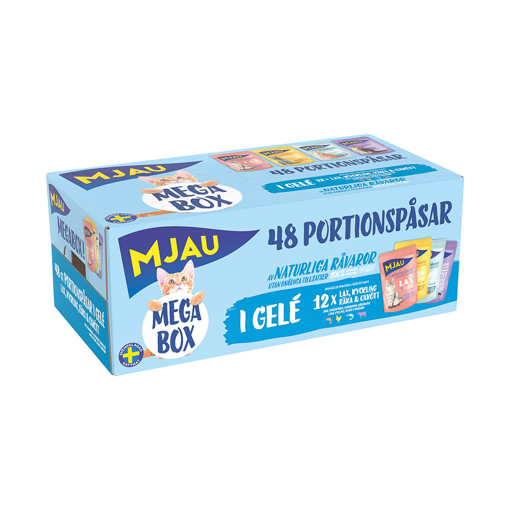 Mjau Multibox 48 x 85 g - Mix in Gelee (Rind, Hühnchen, Garnelen, Lachs) von Mjau