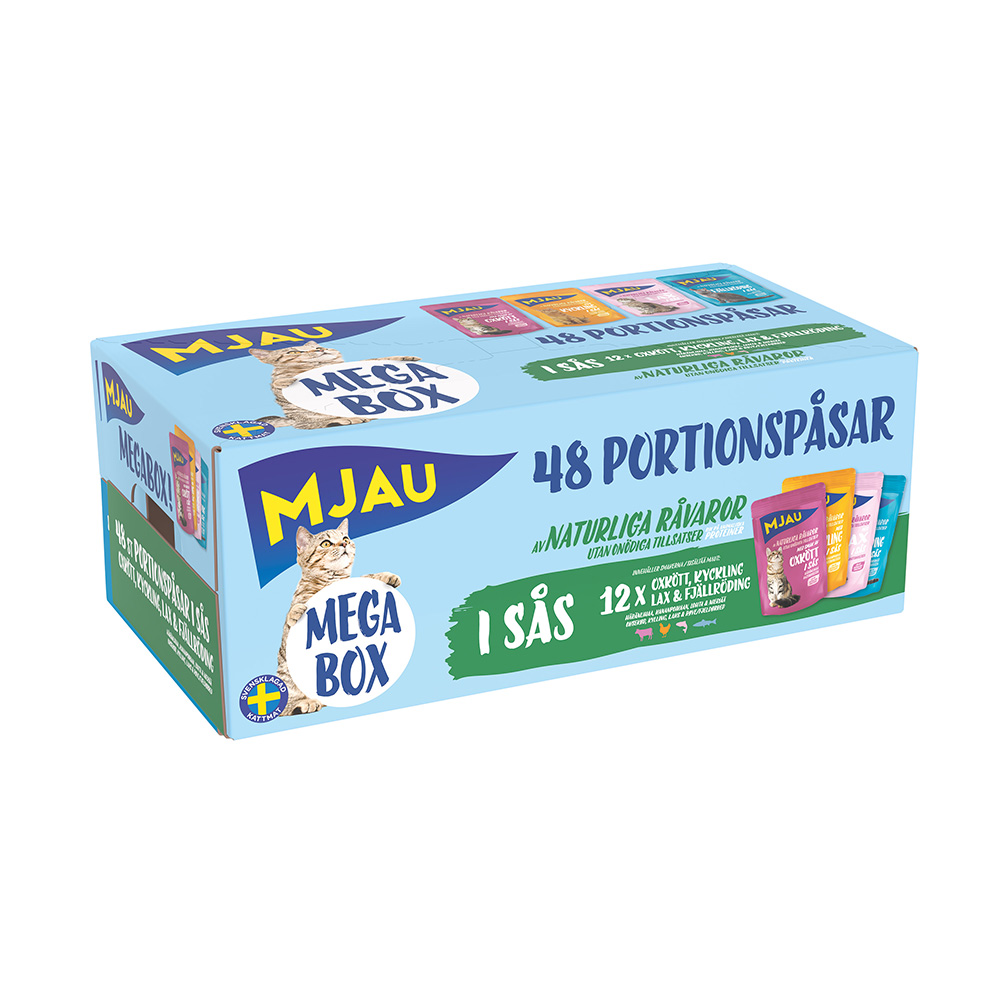 Mjau Multibox 48 x 85 g - Mix in Soße (Rind, Hühnchen, Forelle, Lachs) von Mjau