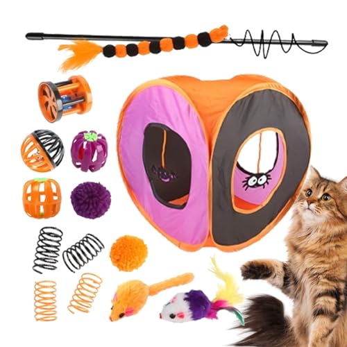 Mkiujhn Katzenspielzeug für den Innenbereich, Kitten Starter Kit Bundle | Süßes interaktives Katzenspielzeug-Set,Halloween-Katzen-Federstab, Ball, Frühlingsmäusespielzeug, faltbares quadratisches von Mkiujhn