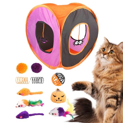 Mkiujhn Katzentunnel-Spielzeugset, Katzentunnel für Hauskatzen - Süßes interaktives Katzenspielzeug-Set - Halloween-Katzen-Federstab, Ball, Frühlingsmäusespielzeug, faltbares quadratisches von Mkiujhn