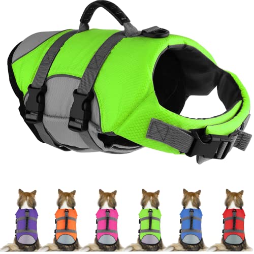 Mklhgty Hundeschwimmweste, Reflektierende & Verstellbare Hundeschwimmweste mit Rettungsgriff zum Schwimmen und Bootfahren, Ripstop Pet Safety Life Preserver für Kleine, Mittlere und Große Hunde Grün von Mklhgty