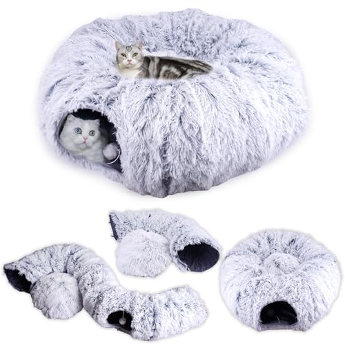 Katzentunnelbett für Indoor-Katzen, großer Katzen-Donut-Tunnel, 3 Formen, Peekaboo-Katzenhöhle mit waschbarem Kissen, multifunktionales Katzenspielzeug für Katzen, Kaninchen, Frettchen von Mloowa