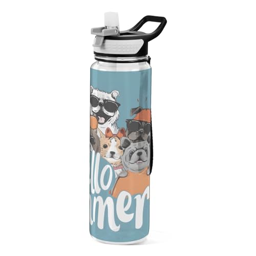 Lustige Hunde Katzen Wasserflasche mit Strohhalm 1L Sportflasche Tritan BPA Frei Klar Trinkflasche für Erwachsene Outdoor Schule Gym Reisen von Mnsruu