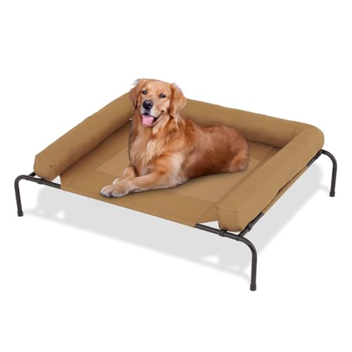 MoNiBloom Erhöhtes Outdoor-Hundebett mit abnehmbarer Nackenrolle, tragbares, erhöhtes Outdoor-Hundebett mit stabilen Anti-Rutsch-Füßen und atmungsaktivem Netzgewebe, 122 cm Länge, Hellbraun von MoNiBloom