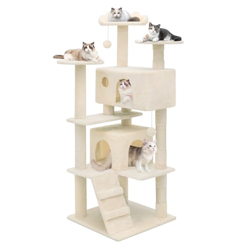 MoNiBloom Katzenbaum, 54 Zoll Katzenbaum Turm mit 2 Katzenhütte, Katzenturm mit Kratzbaum, Katzenkletterturm, Katzenbaum für Indoor Katzen, Beige von MoNiBloom