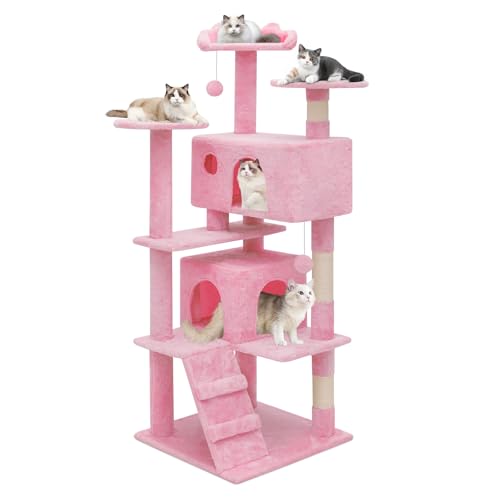 MoNiBloom Katzenbaum, 54 Zoll Katzenbaum Turm mit 2 Katzenhütte, Katzenturm mit Kratzbaum, Katzenkletterturm, Katzenbaum für Indoor Katzen, Weiches Rosa von MoNiBloom