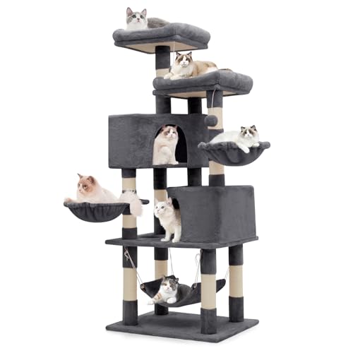 MoNiBloom Katzenbaum, 58 Zoll Katzenbaum Turm mit 2 Katzenhütte, Katzenturm mit Kratzbaum, Katzenkletterturm mit 3 Hängematte, Katzenbaum für Indoor Katzen, Somky Grey von MoNiBloom