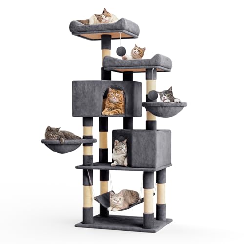 MoNiBloom Katzenbaum, 58 Zoll Katzenbaum Turm mit 2 Katzenhütte, Katzenturm mit Kratzbaum, Katzenkletterturm mit 3 Hängematte, Katzenbaum für Indoor Katzen, Somky Grey von MoNiBloom