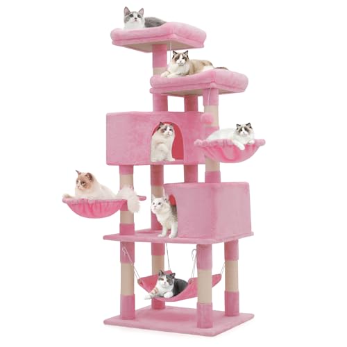 MoNiBloom Katzenbaum, 58 Zoll Katzenbaum Turm mit 2 Katzenhütte, Katzenturm mit Kratzbaum, Katzenkletterturm mit 3 Hängematte, Katzenbaum für Indoor Katzen, Weiches Rosa von MoNiBloom