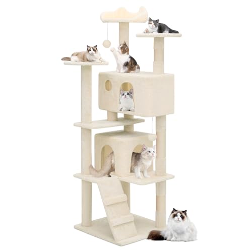 MoNiBloom Katzenbaum, 60 Zoll Katzenbaum Turm mit 2 Katzenhütte, Katzenturm mit Kratzbaum, Katzenkletterturm, Katzenbaum für Indoor Katzen, Beige von MoNiBloom