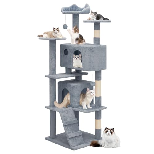 MoNiBloom Katzenbaum, 60 Zoll Katzenbaum Turm mit 2 Katzenhütte, Katzenturm mit Kratzbaum, Katzenkletterturm, Katzenbaum für Indoor Katzen, Hellgrau von MoNiBloom