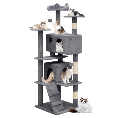 MoNiBloom Katzenbaum, 60 Zoll Katzenbaum Turm mit 2 Katzenhütte, Katzenturm mit Kratzbaum, Katzenkletterturm, Katzenbaum für Indoor Katzen, Rauchgrau von MoNiBloom