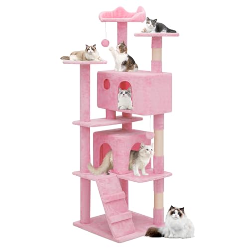 MoNiBloom Katzenbaum, 60 Zoll Katzenbaum Turm mit 2 Katzenhütte, Katzenturm mit Kratzbaum, Katzenkletterturm, Katzenbaum für Indoor Katzen, Weiches Rosa von MoNiBloom