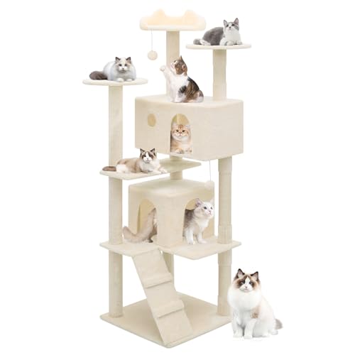 MoNiBloom Katzenbaum, 70 Zoll Katzenbaum Turm mit 2 Höhle, Hoher Katzenturm mit Kratzbaum, Katzenkletterturm, Katzenbaum für Indoor-Katzen, Beige von MoNiBloom