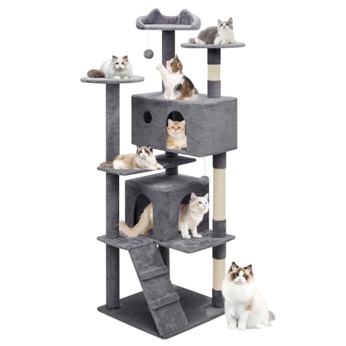 MoNiBloom Katzenbaum, 70 Zoll Katzenbaum Turm mit 2 Höhle, Hoher Katzenturm mit Kratzbaum, Katzenkletterturm, Katzenbaum für Indoor-Katzen, Rauchgrau von MoNiBloom