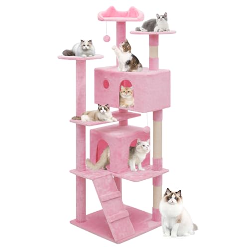 MoNiBloom Katzenbaum, 70 Zoll Katzenbaum Turm mit 2 Höhle, Hoher Katzenturm mit Kratzbaum, Katzenkletterturm, Katzenbaum für Indoor-Katzen, Weiches Rosa von MoNiBloom