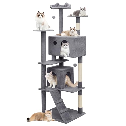 MoNiBloom Katzenbaum, 77 Zoll Katzenbaum Turm mit 2 Höhle, Hoher Katzenturm mit Kratzbaum, Katzenkletterturm, Katzenbaum für Indoor-Katzen, Rauchgrau von MoNiBloom