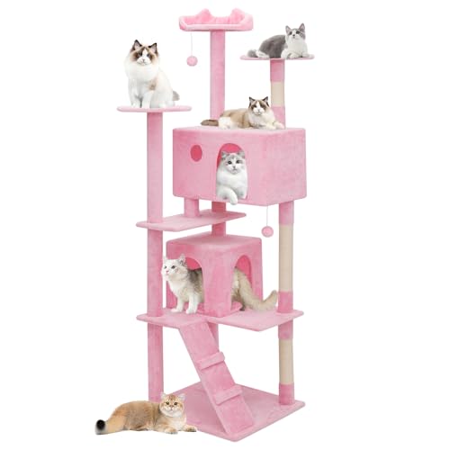 MoNiBloom Katzenbaum, 77 Zoll Katzenbaum Turm mit 2 Höhle, Hoher Katzenturm mit Kratzbaum, Katzenkletterturm, Katzenbaum für Indoor-Katzen, Weiches Rosa von MoNiBloom