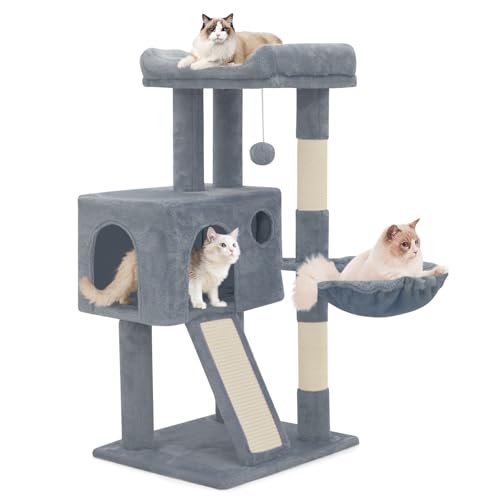 MoNiBloom Katzenbaum, 91.4 cm Katzenbaum Turm mit Katzenhütte, Kleiner Katzenturm mit Kratzbaum & Sisalüberzogenem Kratzbrett, Katzenkletterturm mit Hängematte, Katzenbaum für Indoor Katzen, Hellgrau von MoNiBloom